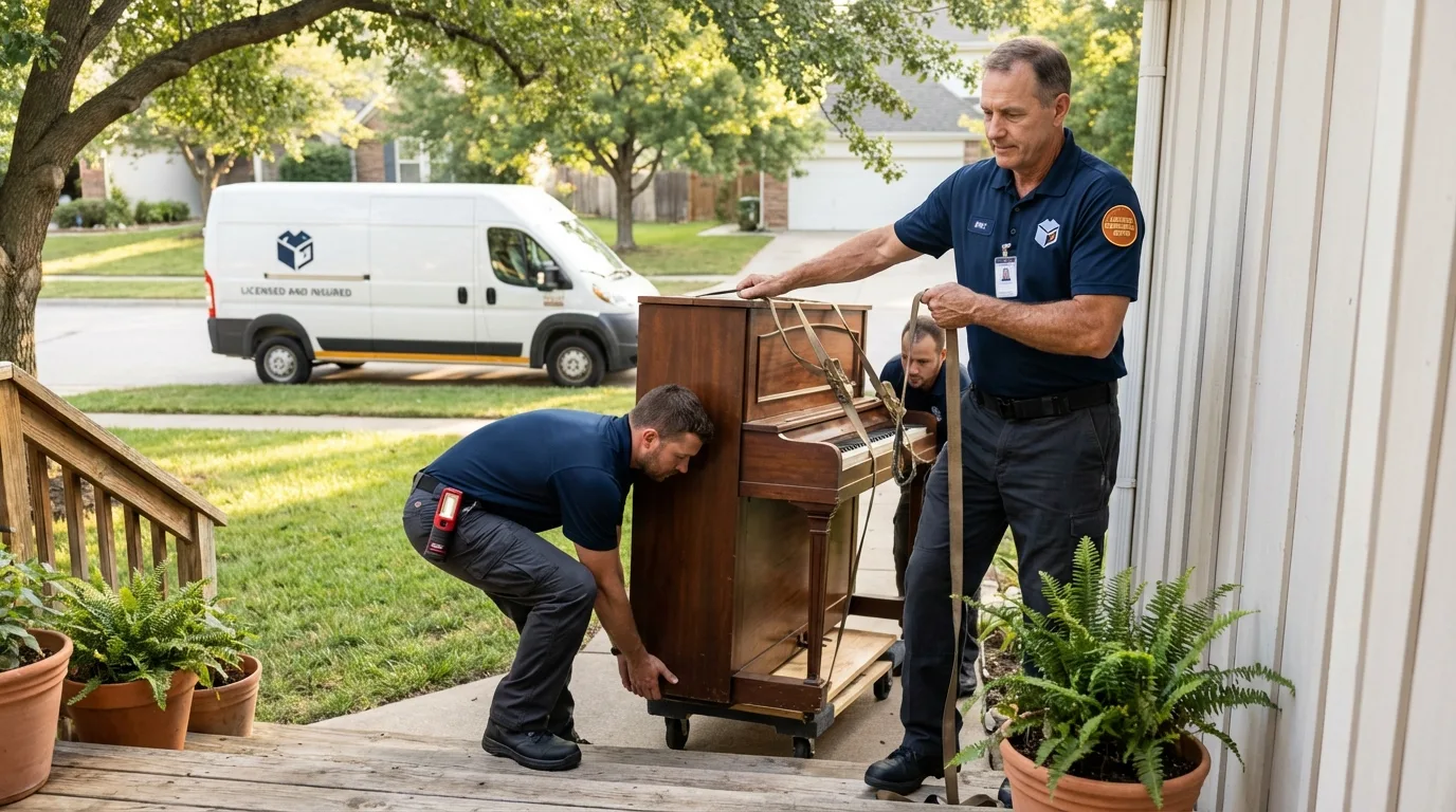 Licensed piano movers securing grand piano in West Unity, OH