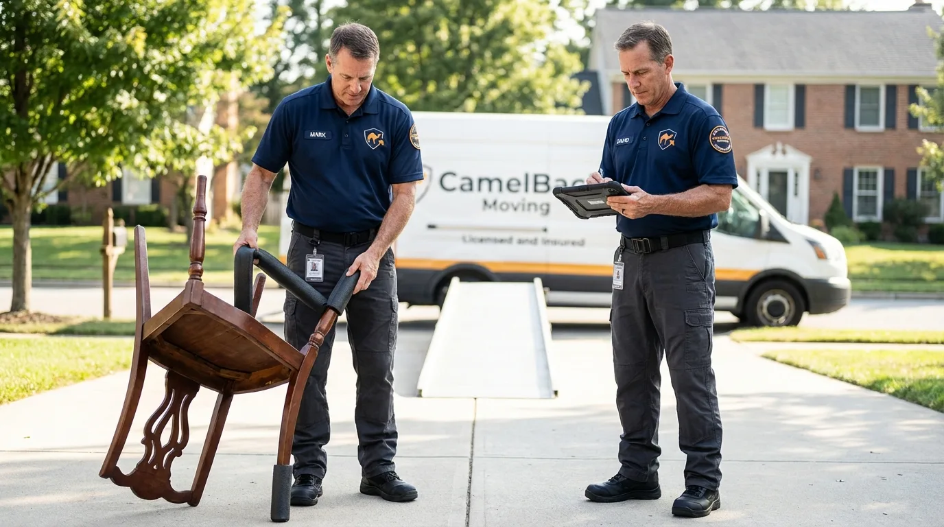 Movers inspecting furniture for damage prevention before loading in West Unity, OH