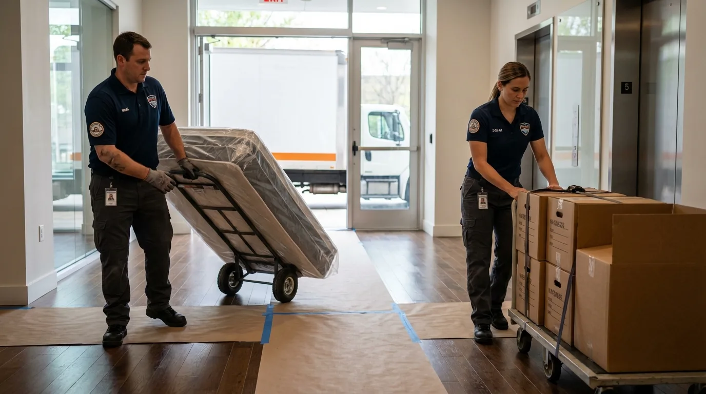 Professional apartment movers loading elevator in West Unity, OH
